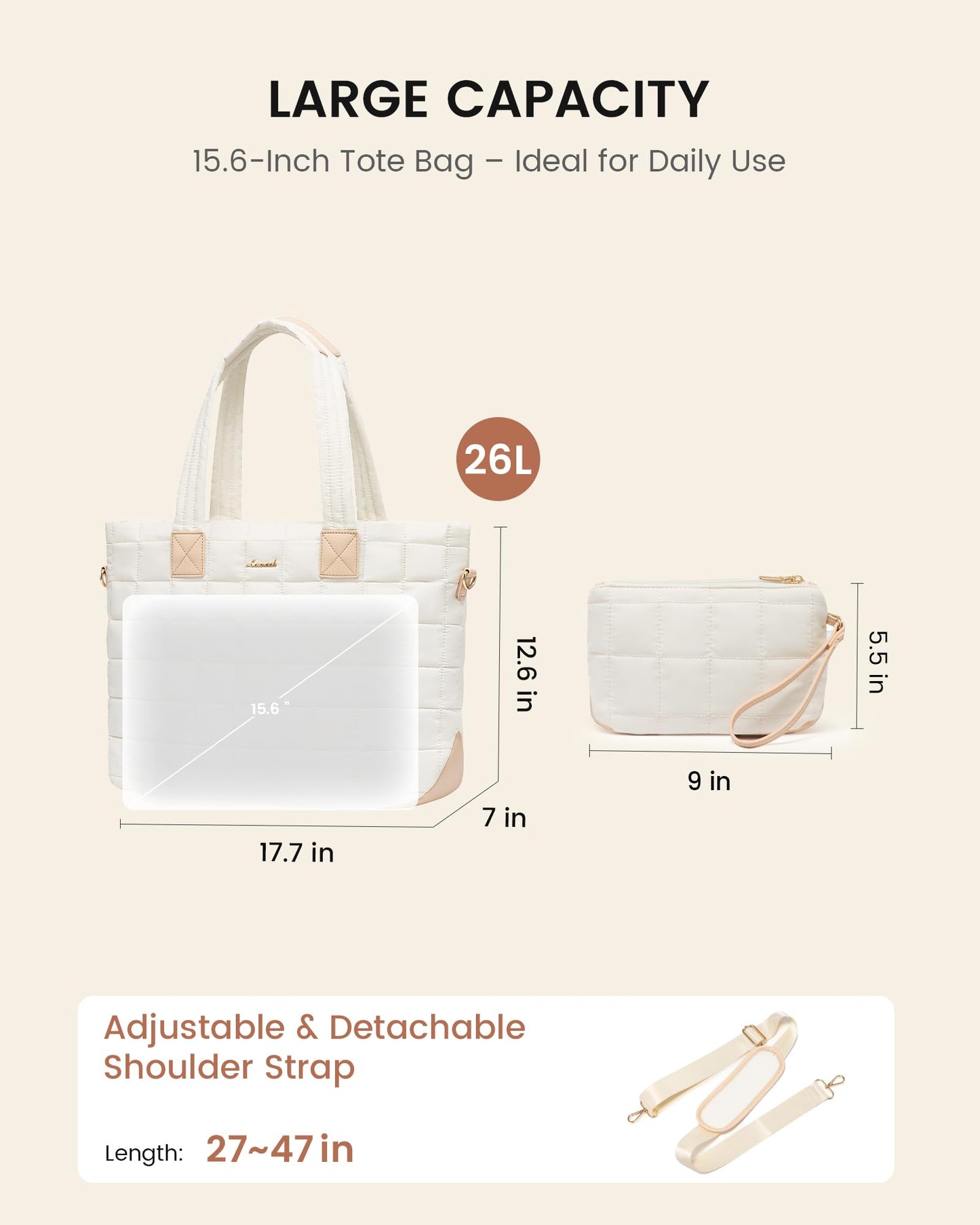 LOVEVOOK Laptop Tote Bag for Women, 15.6 Inch Large Puffer Work Computer Tote Bags for Teacher Nurse, Quilted Women's Purse Tote Shoulder Handbags with Zipper for Travel College Office Gym, Beige