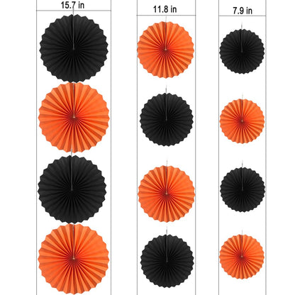 MOWO Orange and Black Paper Fans Wall Decoration Background Ceiling Hanging Decorations for Halloween Graduation Birthday Theme Party, 12pc