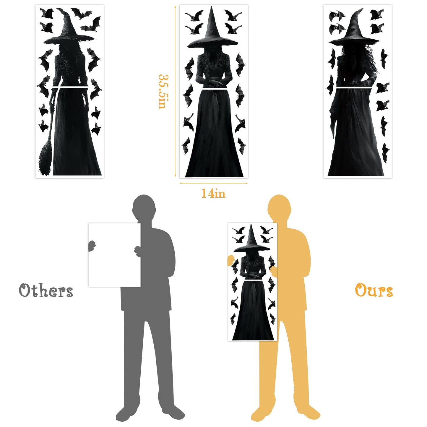 Halloween Decorations Window Clings Decor: 3pcs Large Realist Dark Witch Bats Silhouette Halloween Decals Cling Indoor, Scary Creepy Style School Home Office Party Supplies for Glass Windows