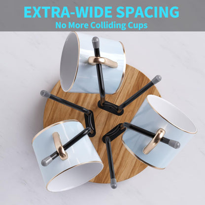 BTWDAEX Counter Coffee Mug Holder with 6 Hooks, 360° Rotating Mug Tree for Large Cups, Kitchen Counter Decor Metal Coffee Cup Rack Stand for Countertop with Stable Wooden Base
