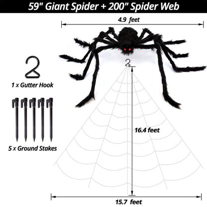 OCATO 200" Halloween Spider Web + 59" Giant Spider Decorations, Fake Spiders with Triangular Huge Spider Web, Indoor/Outdoor/Halloween Decorations/Yard/Home/Costumes Parties/Haunted House Decor, Black