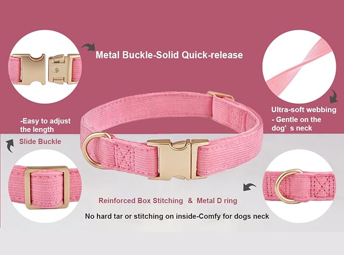 Soft Corduroy Dog Collar and Leash Set Adjustable Durable Dog Collars with Metal Buckle and Lead for Female Medium Dogs,Hot Pink