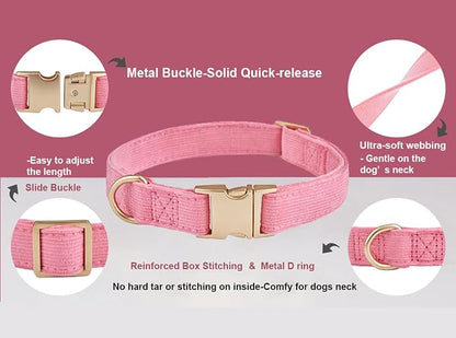 Soft Corduroy Dog Collar and Leash Set Adjustable Durable Dog Collars with Metal Buckle and Lead for Female Medium Dogs,Hot Pink