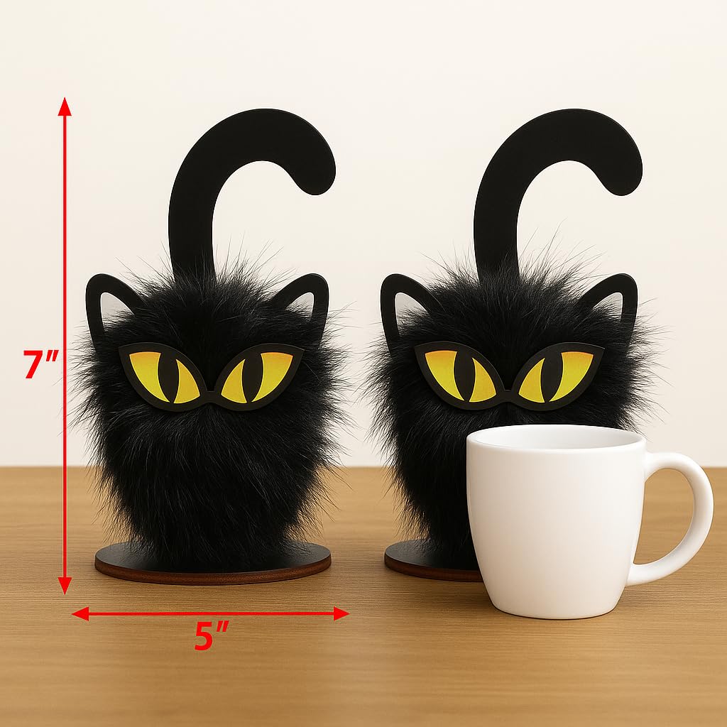 HH Family Halloween Table Decor Black Cat 2 Pack, Rustic Wooden Decorations for Tabletop Tiered Tray Shelf or Mantel
