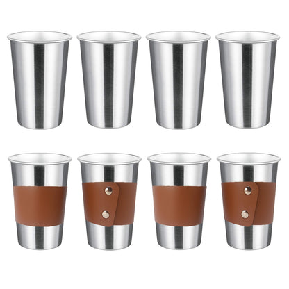 8 Pack 20oz Pint Cups with 4 Cup Sleeves, Stainless Steel Cups, Stackable Metal Cup Tumbler, Premium Metal Drinking Glasses for Cold Drinks, Chilling Beer Glasses for Party Camping (8 PCS, Silver)