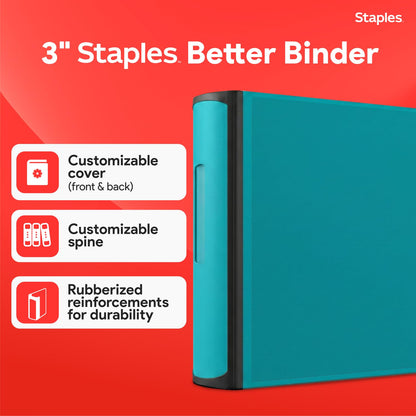 Staples Heavy-Duty 3-Inch D-Ring Binder, Teal – Large Capacity 3-Ring Binder with Pockets, Holds Up to 600 Sheets