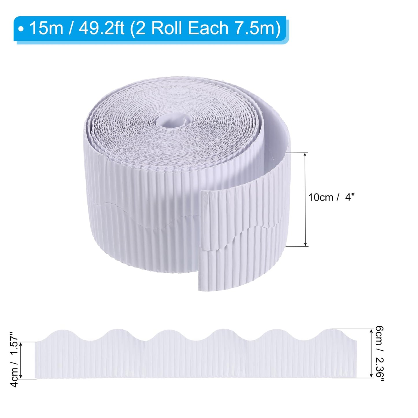 PATIKIL 3.9inch x 49.2ft Bulletin Board Border, Scalloped Trim Paper Corrugated Paper for Locker Classroom Decor Black White Cork Poster Boards, White