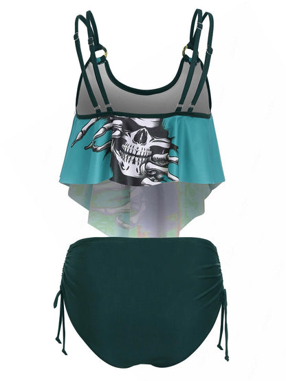 DRESSFO Women's Skeleton Skull Tankini Bikini Set – O Ring Asymmetric Swimsuit Dark Turquoise