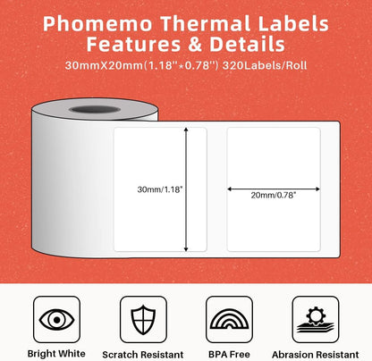 960 pcs Thermal Sticker Barcode Label Paper, Phomemo Multi-Purpose Self-Adhesive Tag for M110/M220/M108/M250/M260/M120/M150 Label Maker Machine, 1.18'' x 0.78"(30X 20mm),320 Pcs/Roll, Black on White