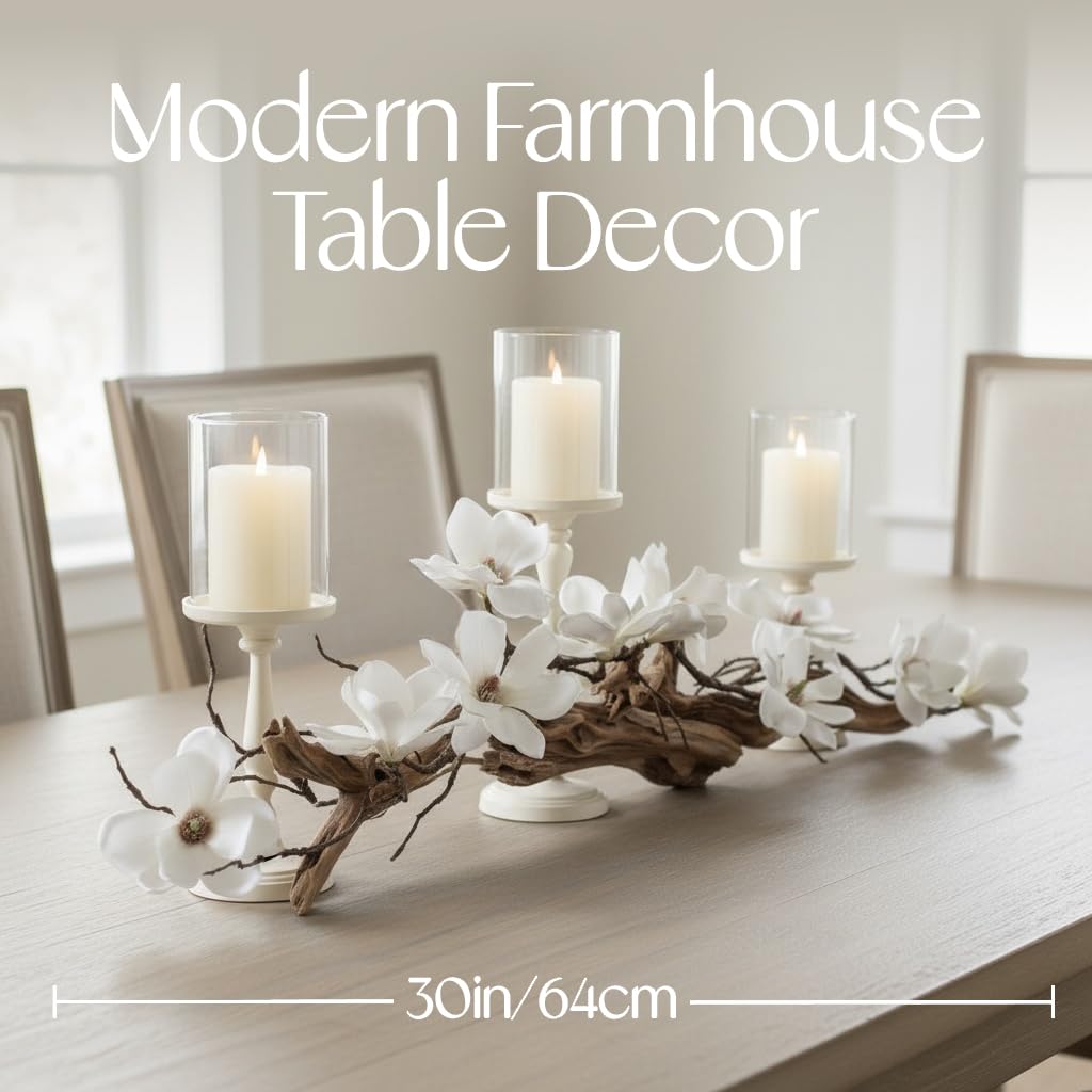 Magnolia Vine Driftwood Farmhouse Table Centerpiece - 3pc Candle Holder Set - Floral Table Decor for Dining Room, Living Room, Mantle & Weddings (Ivory)