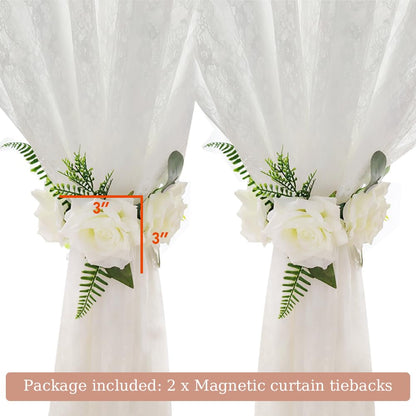 EHERDM 2pcs Flower Curtain Tiebacks Magnetic Adjustable Elegant Rose Floral Tie Backs for Curtains Drapes Decorative Cute Creative Curtain Buckle Strap for Wedding Home Office Bedroom White