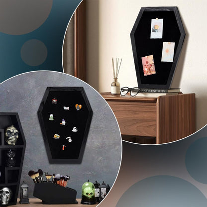 PH PandaHall Coffin Felt Bulletin Board 10.6x14.5 inch Coffin Pin Display Board Black Wooden Gothic Letter Boards with Drawing Pins for Home Office School Halloween Decor Spooky Bulletin Boards