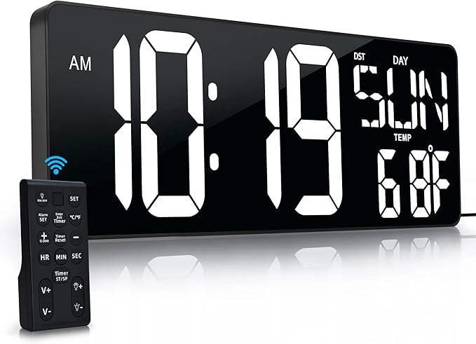 17.2"Large Digital Wall Clock Large Display with Remote Control 180°Visible | Timer with Temperature Date Week Auto DST Adjustable Brightness, for Living Room Classroom Garage Gym Gift for Senior Mom Dad