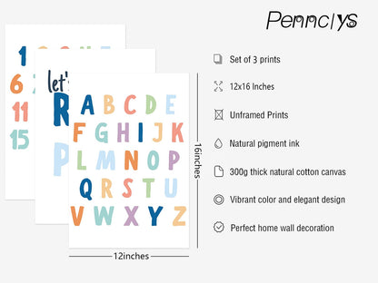 Pennclys Kids Playroom Wall Art Decor Alphabet Poster Play Room Canvas Wall Decor ABC Nursery Wall Art 123 Toddler Poster Let's Read for Boy Girl Room 12x16 Inch Unframed Set of 3