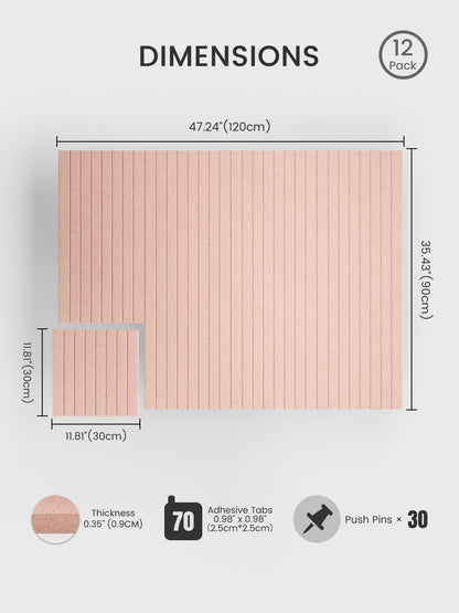 Bumusty Large Cork Board Alternative-48 x 36" Felt Bulletin Board Tiles, with 30 Pushpins, 70 Adhesive Tabs, Fine-Stripe 12-Pack, Cork Boards for Office Push Pin Board Felt Board-Pink