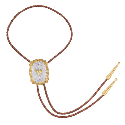 GelConnie Western Bolo Tie for Men Gold Cow Skull Pendant on Brown Leather Bolo Tie Handmade Western Ties Cowboy Necktie Accessories