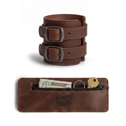 Hide & Drink, Stylish Wrist Wallet Cuff, Wristband with Secret Pouch, Cash Holder, Money Organizer, Full Grain Leather, Handmade, Bourbon Brown
