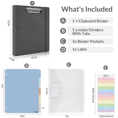 SKYDUE Clipboard Binder with Dividers,1 Inch 3 Ring Binder with Clipboard on Front for Organizer, Clipboard Folder with Pocket, Labels Office Supplies Gray