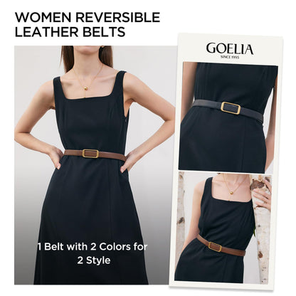 GOELIA Women's Reversible Genuine Leather Belt Thin Fashion Waist Belts for Jeans Pants Dresses with Gold Buckle