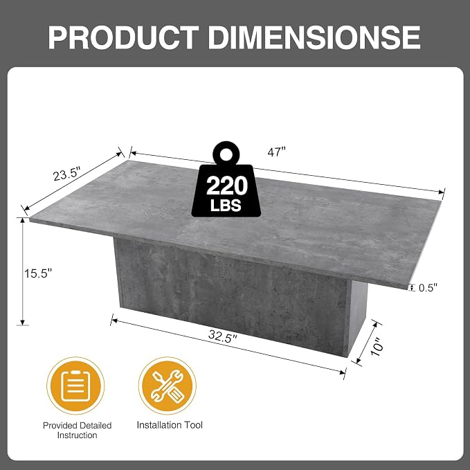 HNY Modern Rectangular Coffee Table Grey Large Center Table 47" Wooden Tea Table Concrete Texture Finish for Living Room, Reception Room, Home Office,Industrial Minimalist