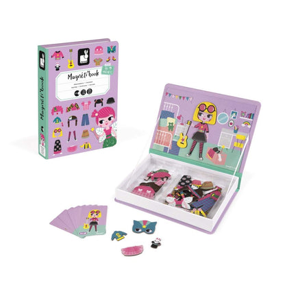 Janod - MagnetiBook 55 pc Magnetic Girl's Costumes Game - Creative Play - Enhances Creativity and Cognitive Skills - Portable Design, STEM Learning, Boosts Confidence