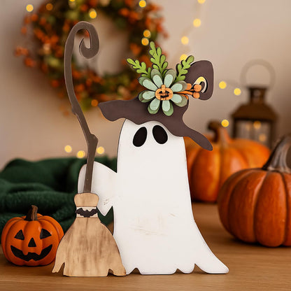 HH Family Halloween Table Decor Ghost Witch Rustic Wooden Decorations for Tiered Tray Shelf Mantel Party Display (Witch D1)