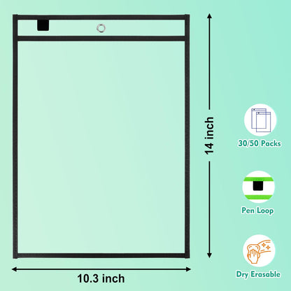 50 Packs Dry Erase Pocket Sleeves with 2-Ring, Reusable Clear Plastic Classroom Sleeves, 10x14 Inch Ticket Holders, Plastic Sleeves for School/Office Organization