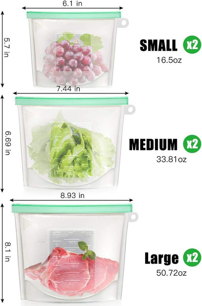 【Upgrade】Cadrim Reusable Extra Thick Silicone Food Storage Bags - 6 Packs Zipper Freezer Bags For Marinate Meats Sandwich, Snack, Cereal,Fruit Meal Prep, Leakproof, Dishwasher-Safe Lunch Storage Bags