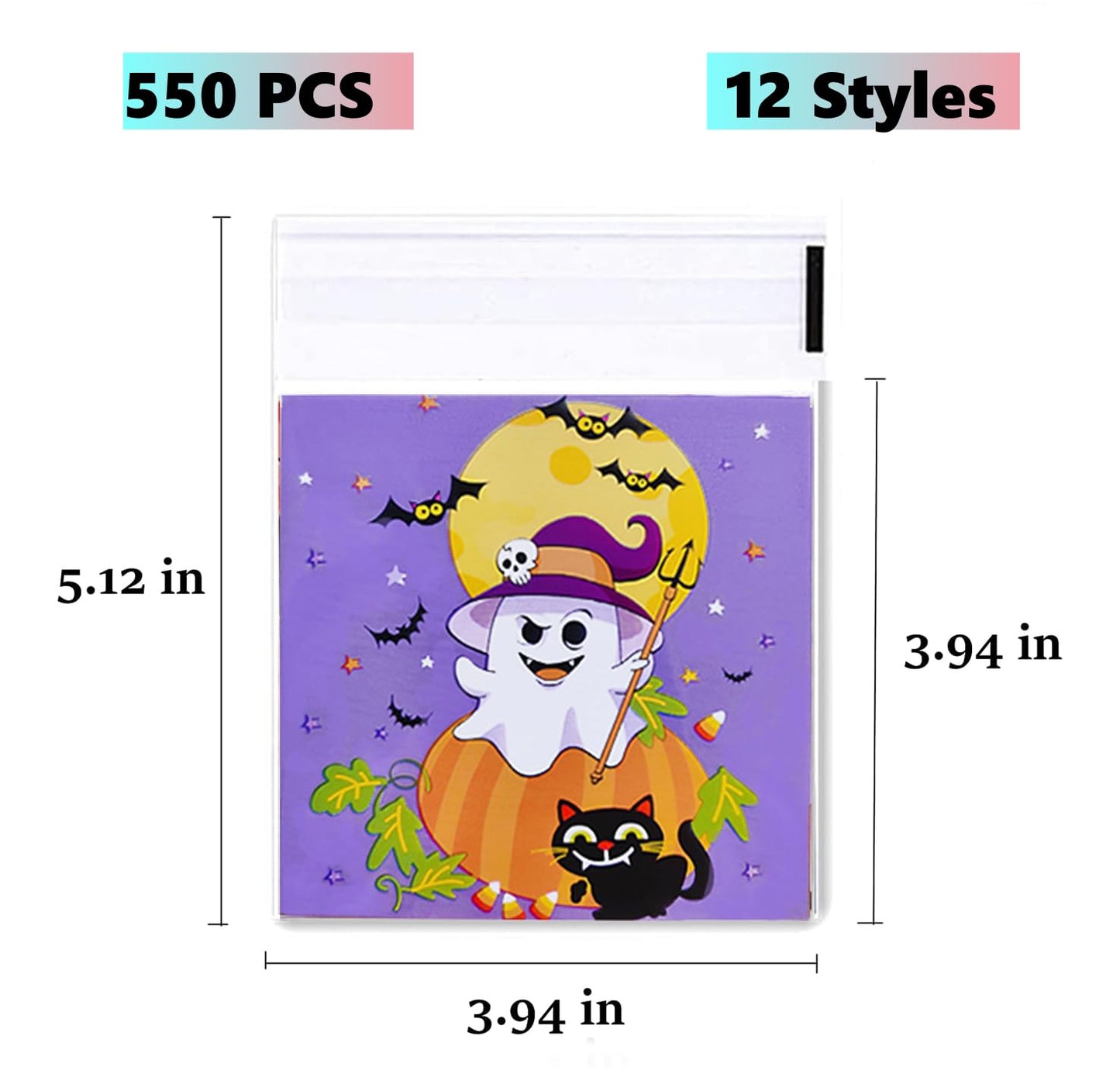 UTOYSOV 550 PCS Halloween Candy Bags, 12 Styles Self Adhesive Trick or Treat Cookie Bags for Party Gift Supplies, Cellophane Halloween Goodie Bags
