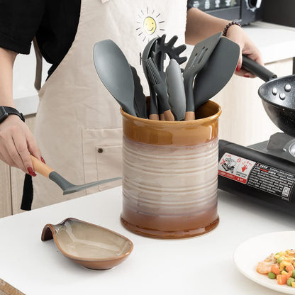 Nihow Ceramic Utensil Holder for Kitchen Counter, 7.2", Brown
