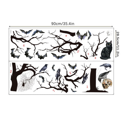 Halloween Horror Tree Wall Decals Scary Gothic Black Crow Bat Cat Wall Stickers Halloween Wallpaper Peel and Stick Removable Wall Art Decal for Bedroom Living Room