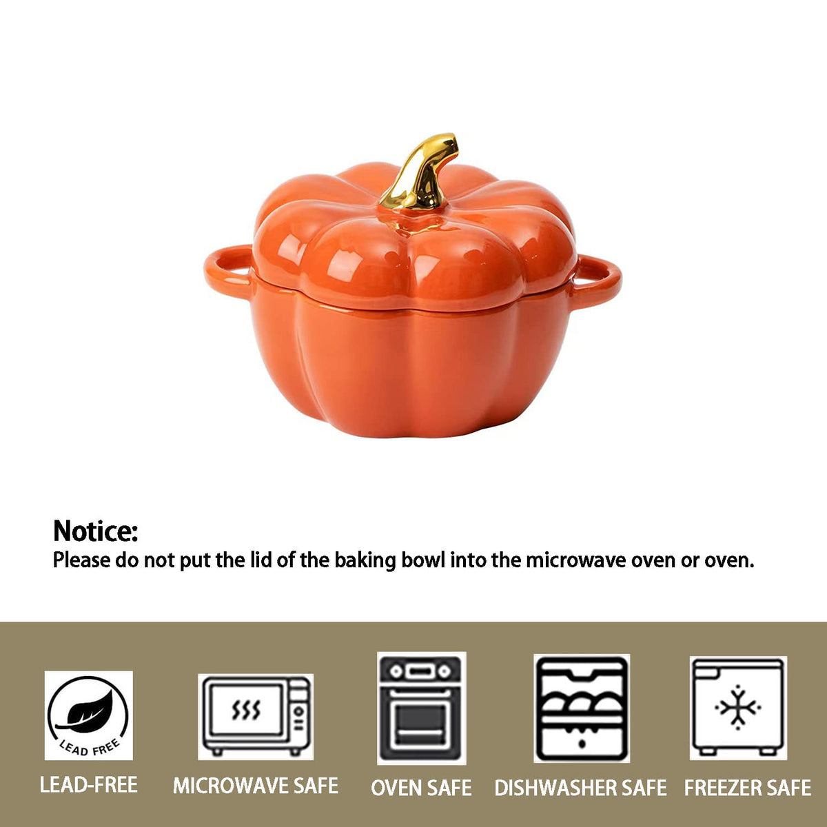 Pumpkin Bowl Set with Lid and Handle, Set of 2 Ceramic Ramekins for Baking, Casserole Dish Individual Severing Pot, Stoneware, Oven Safe, 14 Oz (Orange)