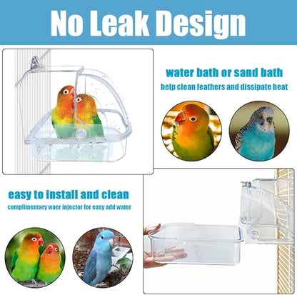 Bird Bath for Cage, Plastic Water Bowl Feeder for Pet Birds, Parrot Bathtub with Hanging Hooks for Little Bird Parrots Spacious Parakeets Portable Shower for Most Birdcage