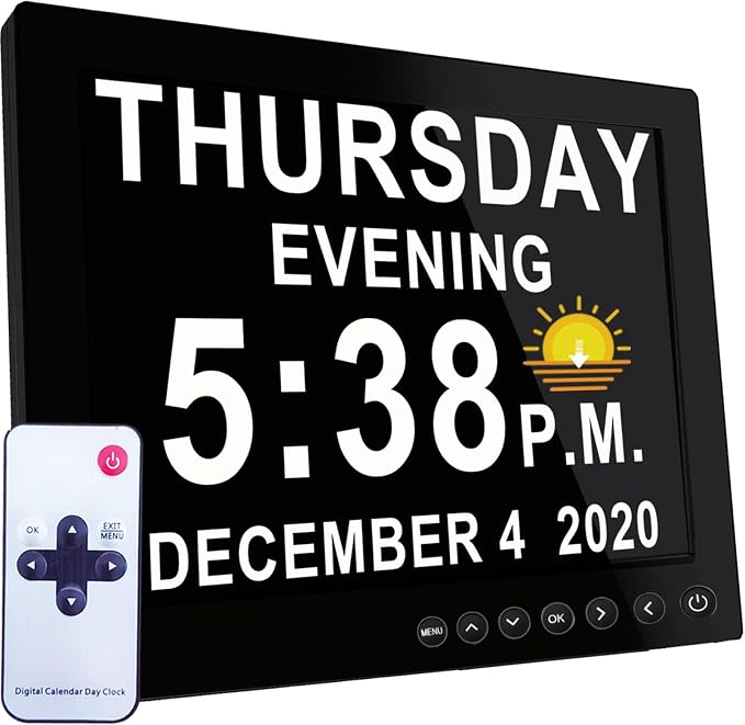 MASSII 8 Inch Large Dementia Clock 28 Alarms with Auto DST, 20 Custom Reminders,10 Levels Auto Dimmer, 6 Display Modes, Digital Clock with Date and Time, 8" Black with Remote
