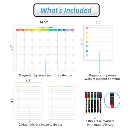 JJPRO Magnetic Monthly Calendar Whiteboard Set for Refrigerator-Monthly Planning Board, Weekly Menu Planner and to Do List for Fridge with 6 Markers-14.5" x11
