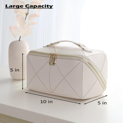 IMCUZUR Travel Makeup Bag Large Cosmetic Bag for Women, Open Flat Make up Bag Portable Skincare Bag with Handle (White)