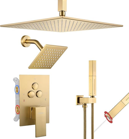 VANFOXLE Brushed Gold Shower System, Push Button Pressure Balance Shower Valve, Ceiling Mount Thick 12" Shower Head, 6" Shower Head, 2-in-1 Handheld, High Pessure Self-Cleaning for Modern Bathroom