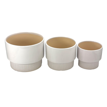 Galt International Set of 3 (8", 10", 12") Mid Century Modern Off White Flat Ribbed Ceramic Planter Pots Flower Pot Indoor House Plants Decor w/Drainage Hole & Plug