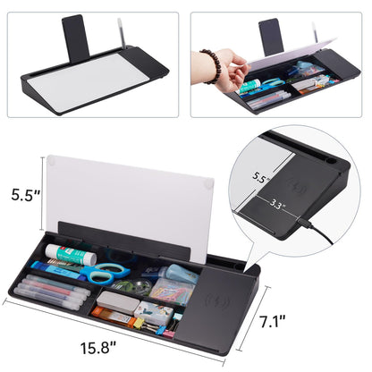 Small Glass Desktop Whiteboard Dry-Erase-Board - Computer Keyboard Stand with Wireless Charger White Board Surface Pad with Drawer, Desk Organizers with Accessories for Office, Home, School Supplies
