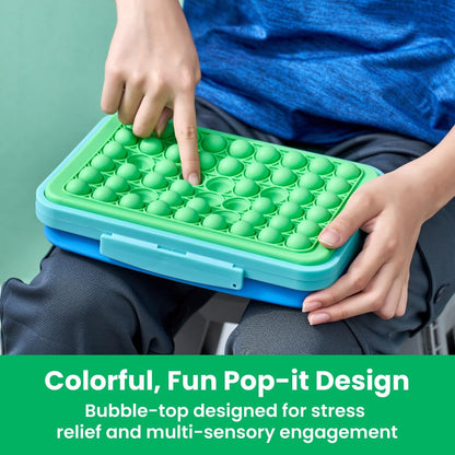 LockerMate by Bostitch Expandable Pencil Box with Pop-It Top Collapsible Pencil Case for Craft and School Supplies, Green/Blue