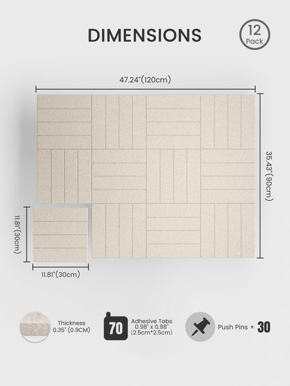 Bumusty Large Cork Board Alternative-48 x 36" Felt Bulletin Board Tiles, with 30 Pushpins, 70 Adhesive Tabs, Bold-Stripe 12-Pack, Cork Boards for Office Push Pin Board Felt Board-Oatmeal