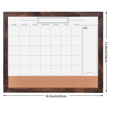 Dry Erase Calendar Whiteboard for Wall, Small Combination Magnetic Dry Erase White Board & Bulletin Board, 13" x 17" Walnut Brown Frame Calendar/Cork Combo Board(WB-3343)
