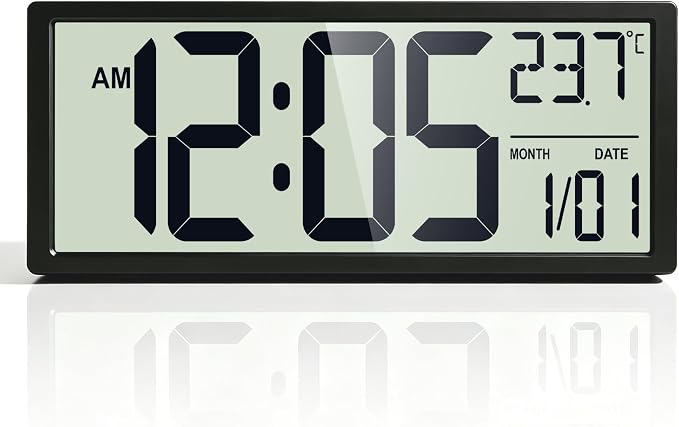 16" Digital Wall Clock, Battery-Operated with Large LCD Display, Jumbo Number Modern Decorative Clock with Alarm, Date, Calendar, Temperature for Elderly, Senior Bedroom, Living Room, Kitchen