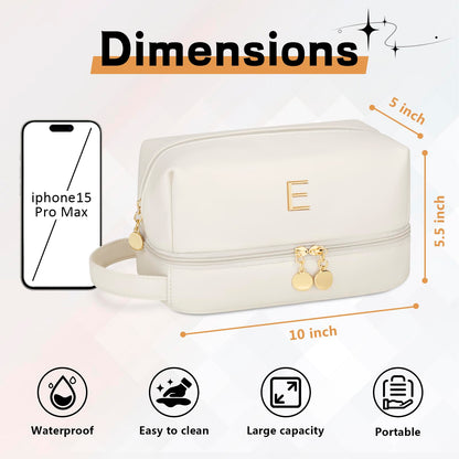 CLOUDWINGS Initial Makeup Bag for Women - Personalized Double Layer Cosmetic Bags with Makeup Brush Organizer, Hanging Travel Toiletry Bag with Large Capacity, Gifts for Mom Girlfriend Wife（Beige E）