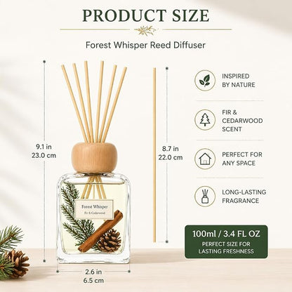 Fir Reed Diffuser, Woody Forest Home Fragrance for Bedroom Bathroom & Living Room, Long Lasting Essential Oil Diffuser Sticks up to 120 Days, Non Toxic Pet & Kid Friendly, IFRA Compliant, 3.4 FL OZ