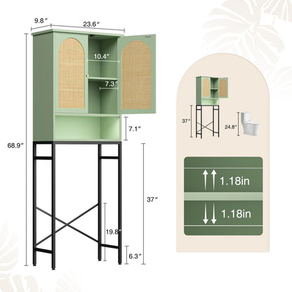 Befrases Rattan Toilet Storage Cabinet, Over the Rack Wood Cabinet with Metal Stand, Bathroom Organizer with Adjustable Shelf, Space Saving Cupboard for Small Bathrooms, Washer Shelf, Green