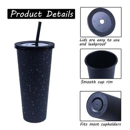 Ahongwenxi 30 Pack Halloween Black Plastic Cups with Lids and Straws, 24 oz Disposable Plastic Tumblers Iced Coffee Cups Travel Mug Cup for Juices Birthday Bachelorette Party Wedding (Black,24 oz)