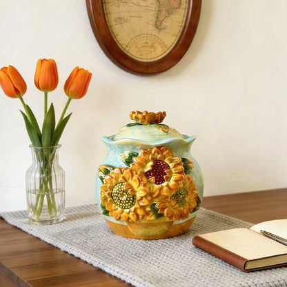 FORLONG Ceramic Hand-Painted Sunflower Sealed Jar,Food Storage Containers with Lids, Home Kitchen Countertop Decorative