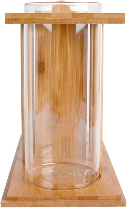 Dual Chamber Bamboo Desktop Aquarium - Mini Betta Fish Tank with LED Light, 360° View Glass Tanks for Goldfish or Small Fish, Home Office Decor