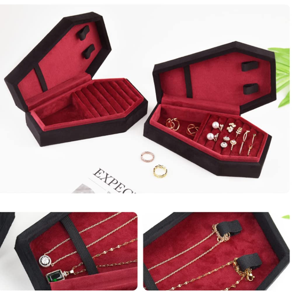 Giftop Velvet Coffin Jewelry Travel Case Holder for Gothic Wedding Ceremony Jewelry Organizer Decoration (Black and Red)